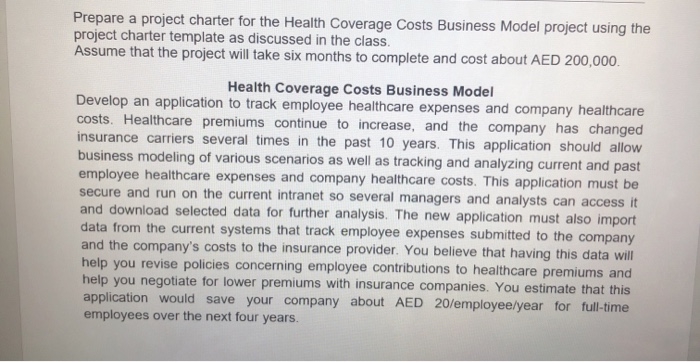 Prepare a project charter for the Health Coverage