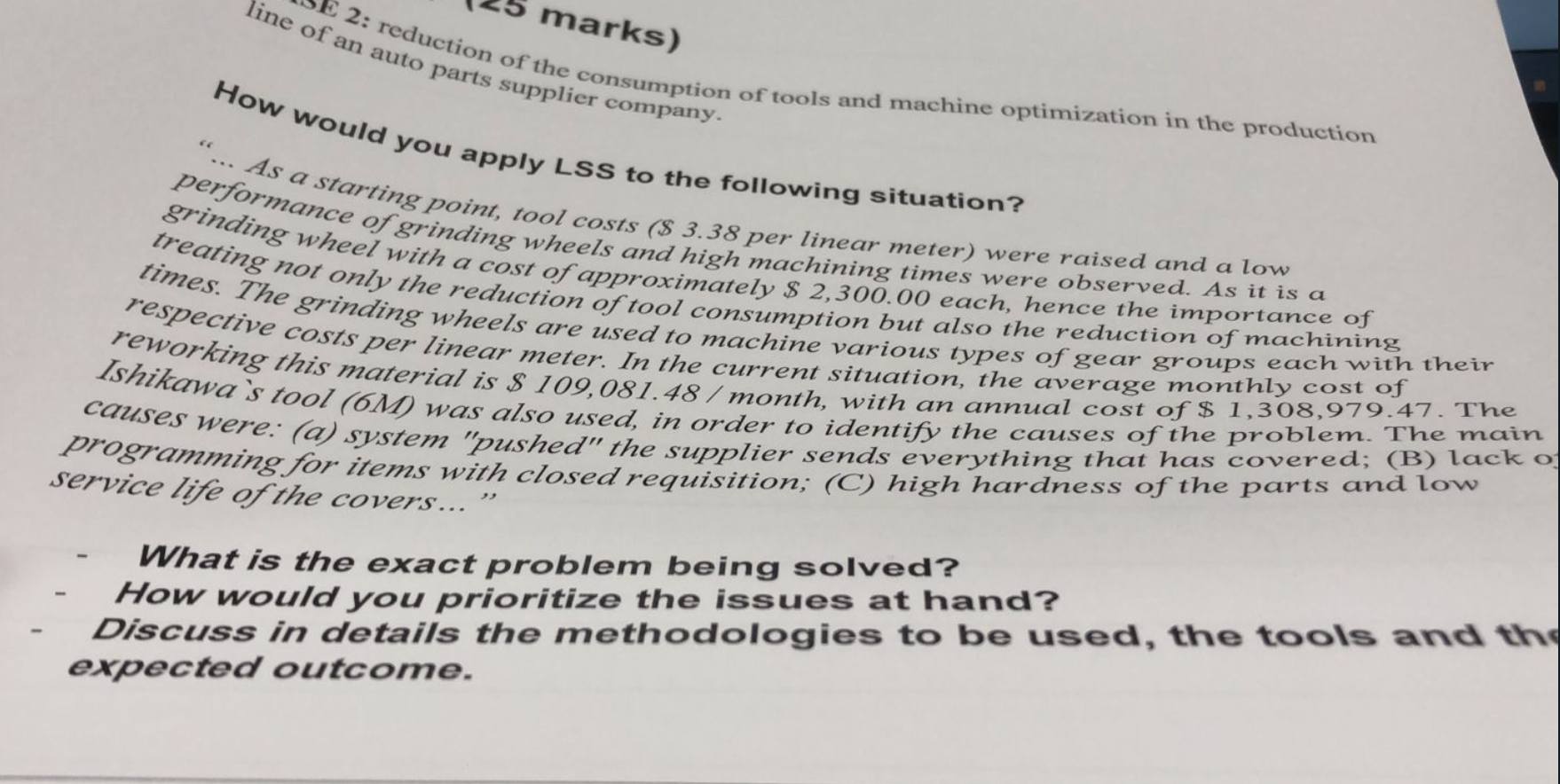 line of an auto parts supplier company. marks) 2: