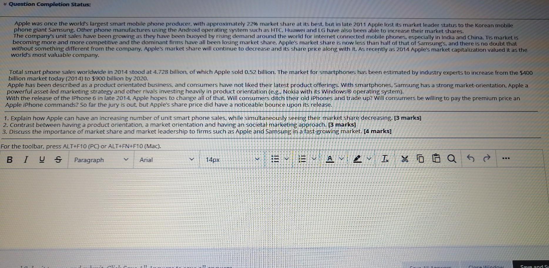 Question Completion Status: Apple was once the