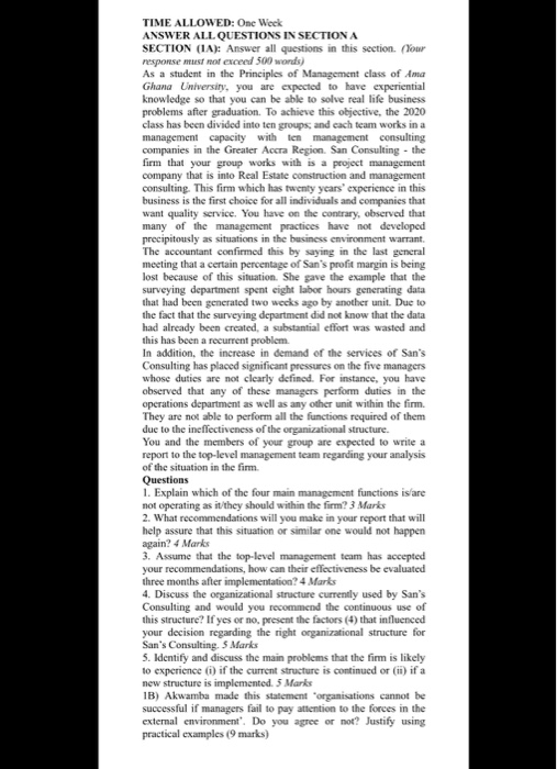 TIME ALLOWED: One Week ANSWER ALL QUESTIONS IN