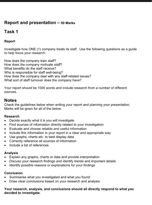Report and presentation - 50 Marks Task 1 Report