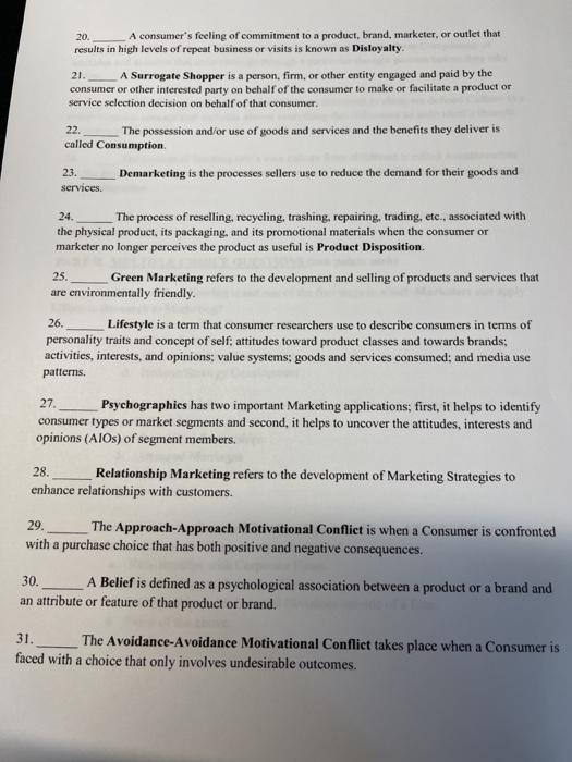 true or false 20. A consumer's feeling of