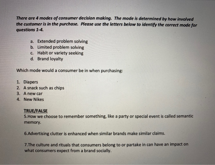 There are 4 modes of consumer decision making.