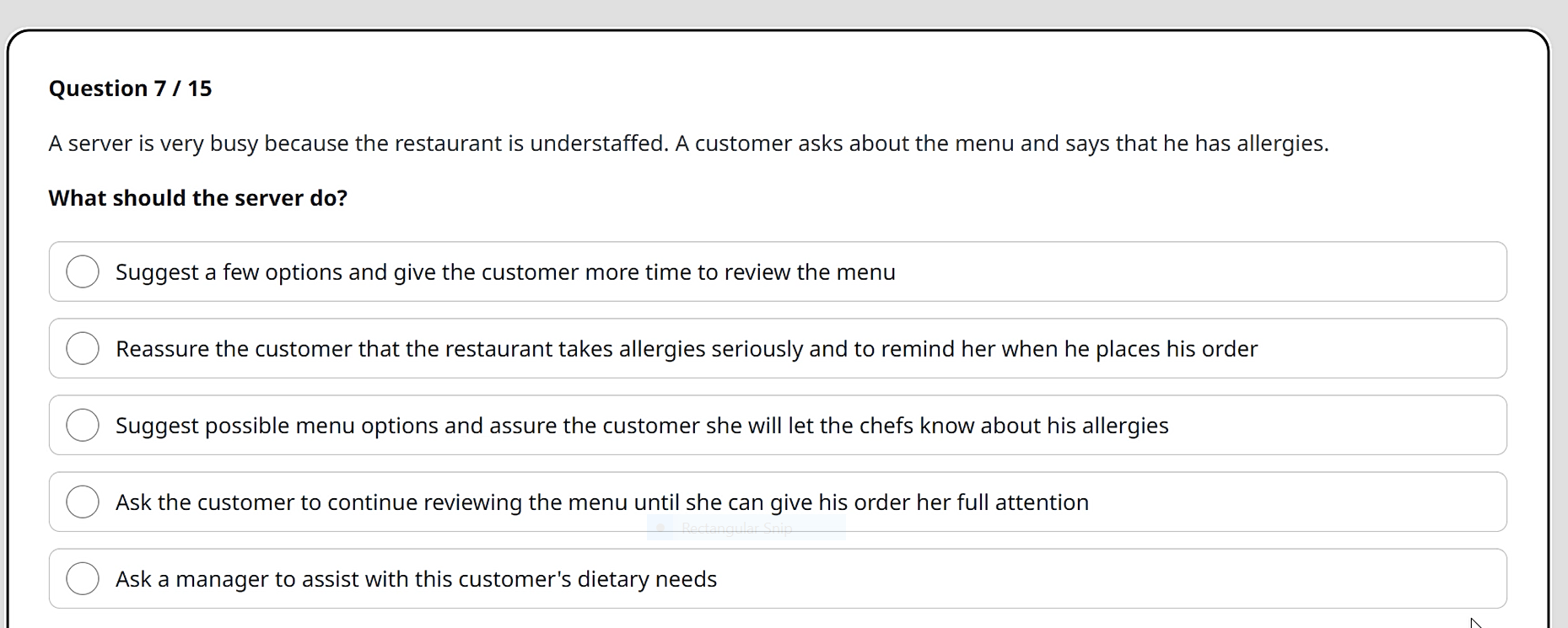 Question 6/15 When a customer tries to check out