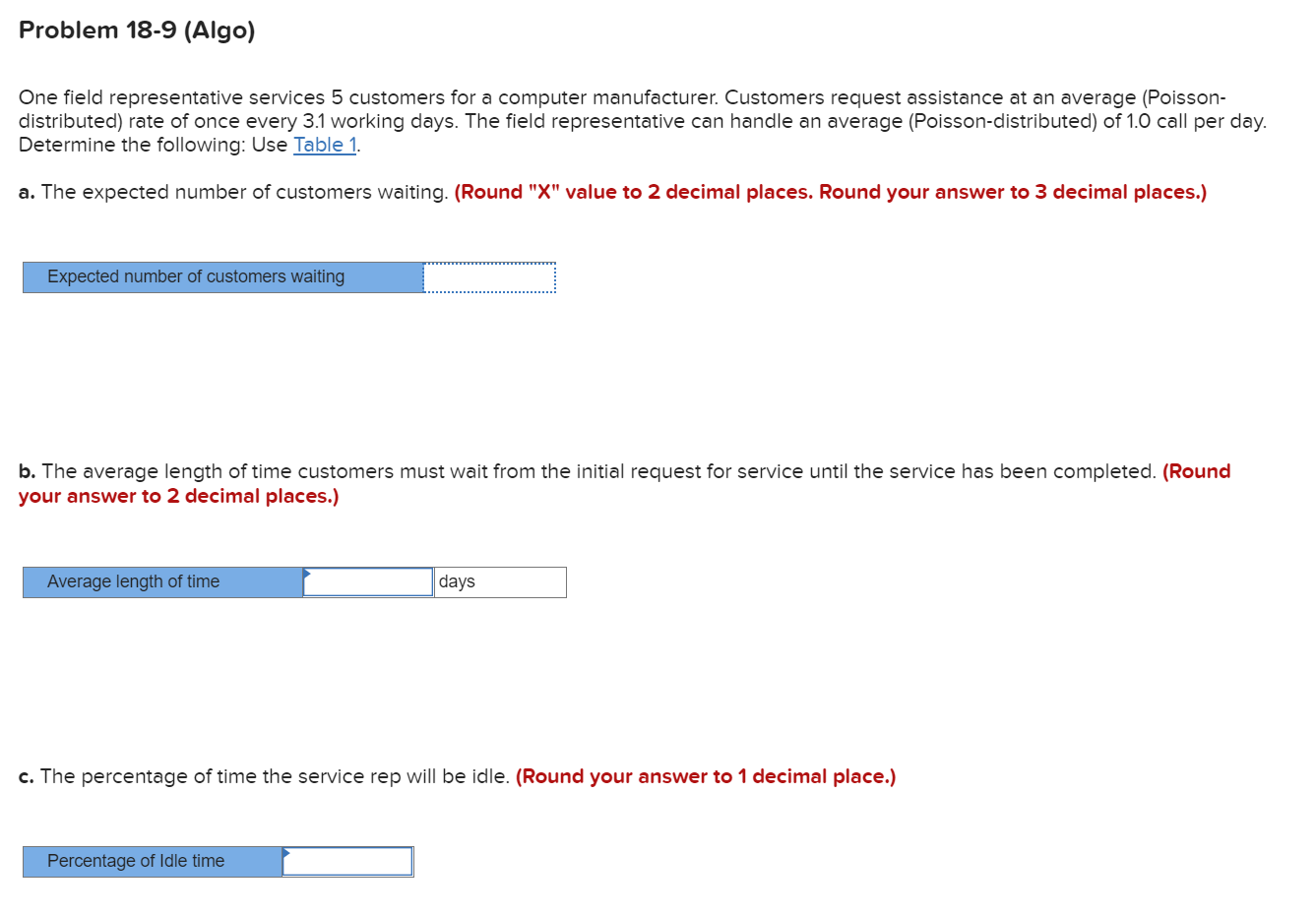 Problem 18-9 (Algo) One field representative
