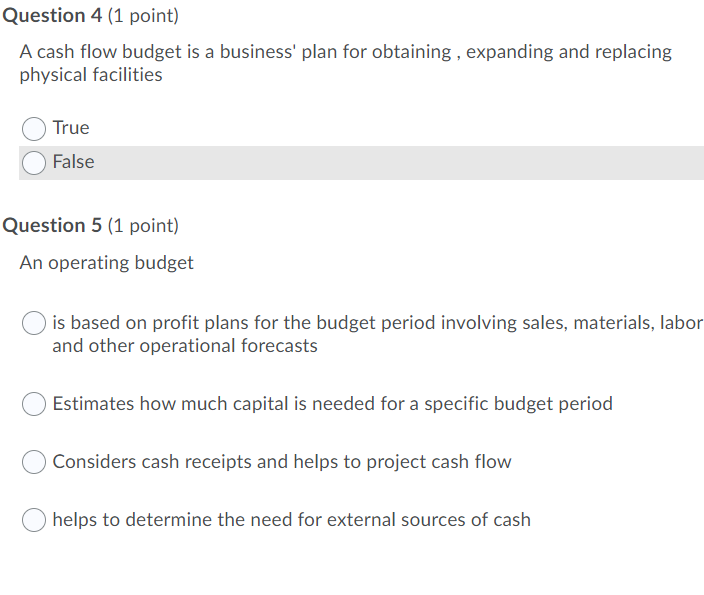 Question 4 (1 point) A cash flow budget is a