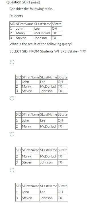 Question 20 (1 point) Consider the following