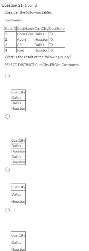 Question 20 (1 point) Consider the following
