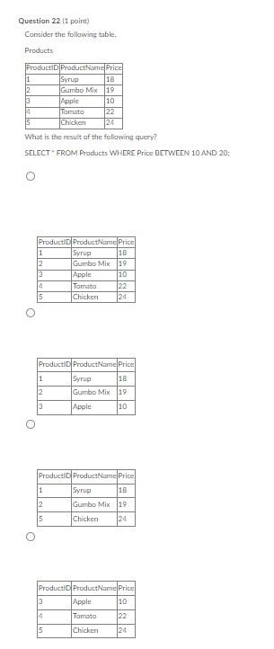 Question 20 (1 point) Consider the following