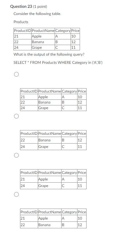 Question 20 (1 point) Consider the following