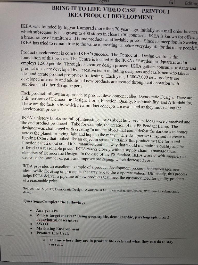 Editing BRING IT TO LIFE: VIDEO CASE - PRINTOUT