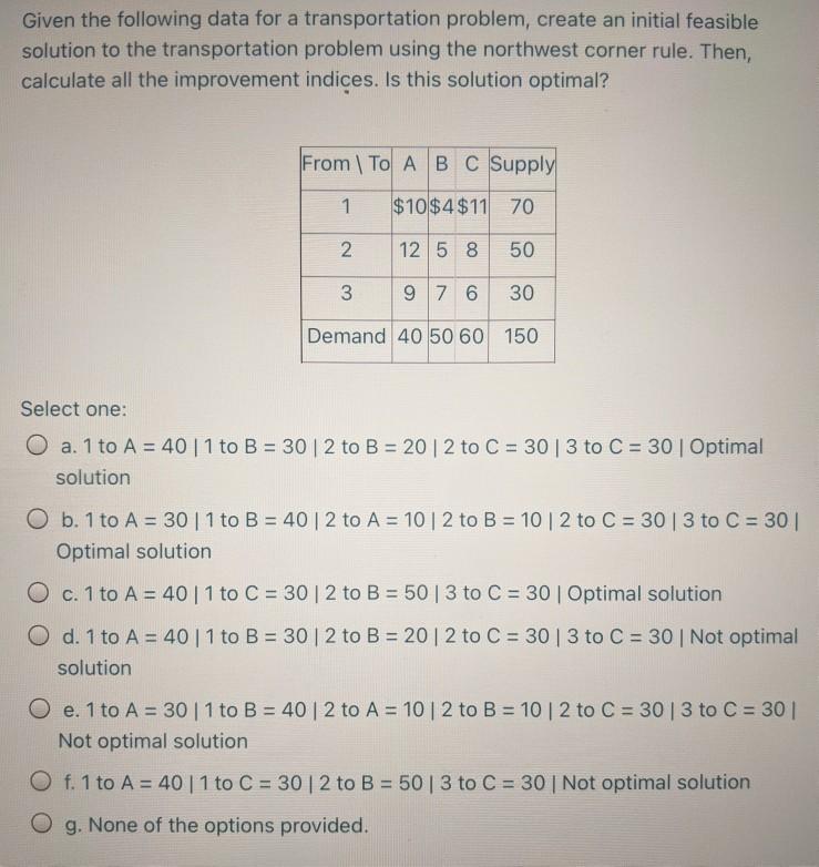 Given the following data for a transportation