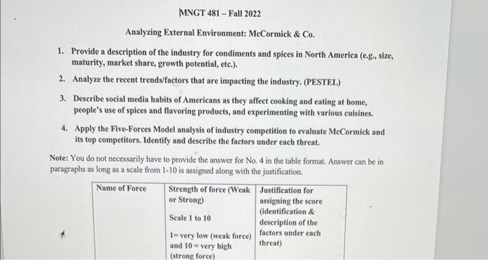 Analyzing External Environment: MeCormick \& Co.
