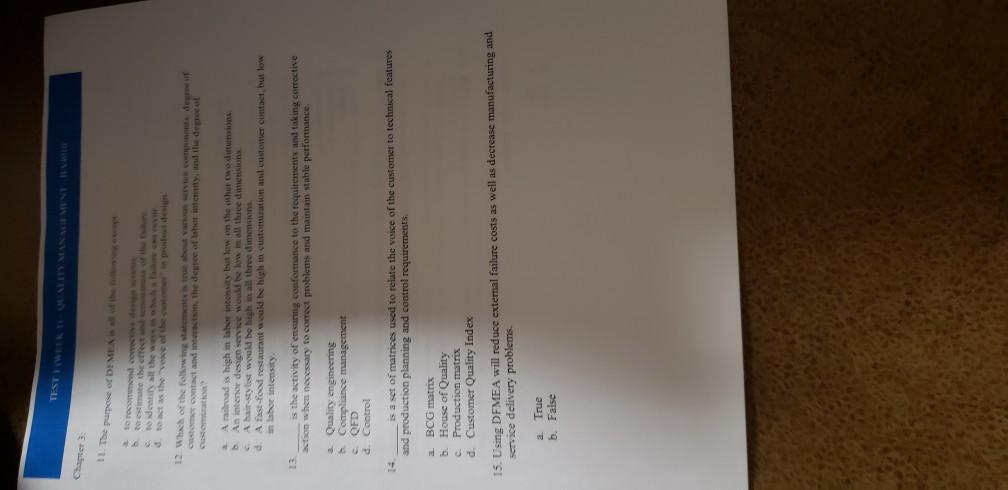 TEST INER GUALITY MANAGEMENT BAR Chapter 3 11.