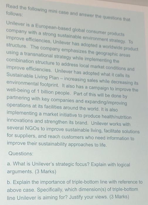 Read the following mini case and answer the