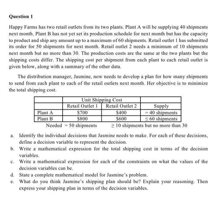 Pls help solving Q1&2 Happy Farms has two retail