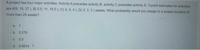 A project has four major activities Activity A