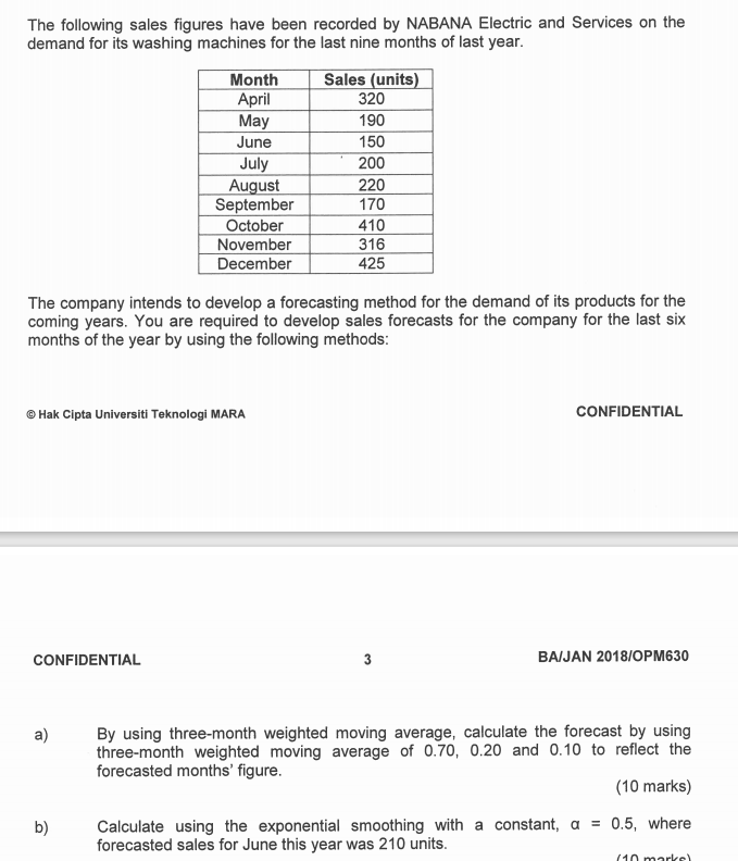 The following sales figures have been recorded by
