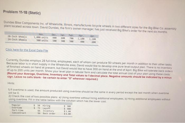 Problem 11-18 (Static) Dundas Bike Components