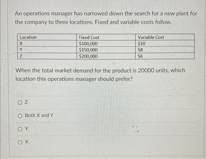 An operations manager has narrowed down the