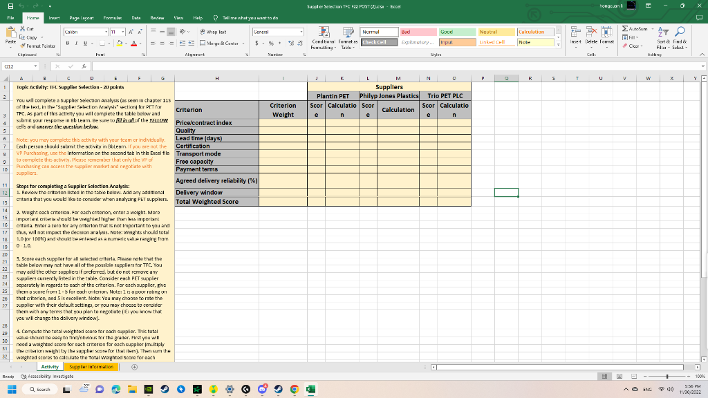 Steps for completing a Supplier Selection