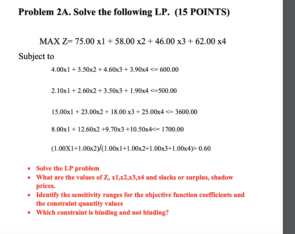 Please Solve on Excel Problem 2A. Solve the