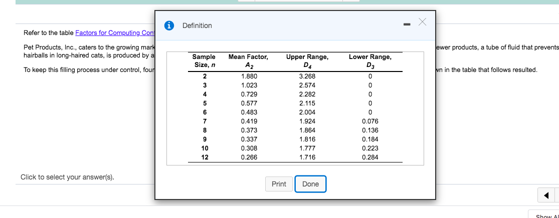 Refer to the table Factors for Computing Control