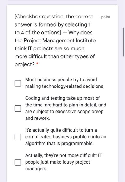 (Checkbox question: the correct 1 point answer is