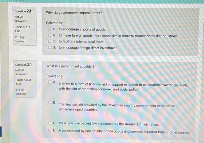 Why do governments impose tariffs? Question 23