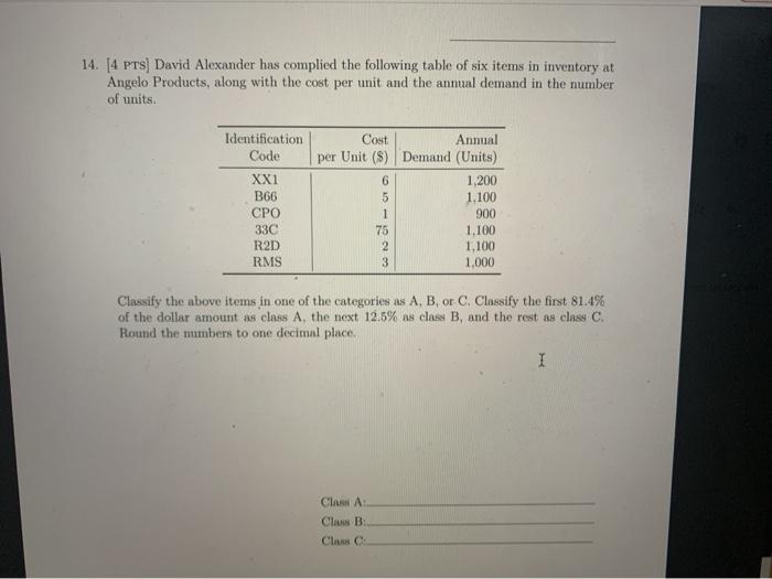 14. 4 PTS) David Alexander has complied the
