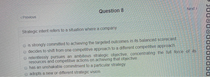 Question 8 Previous E Next Strategic intent