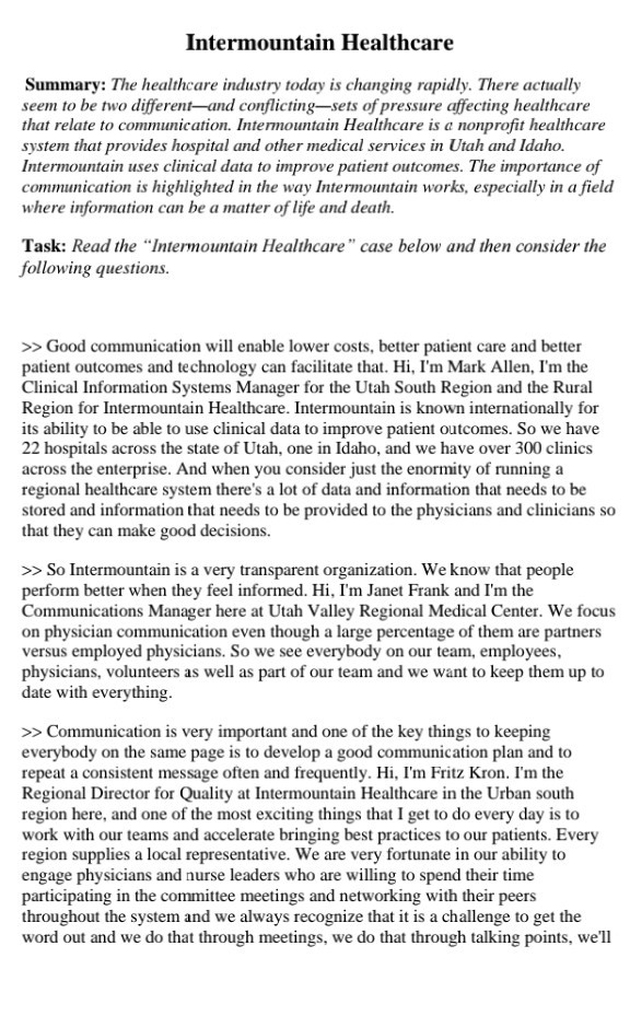 Intermountain Healthcare Summary: The healthcare