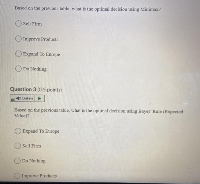 please help! Consider the following payoff table:
