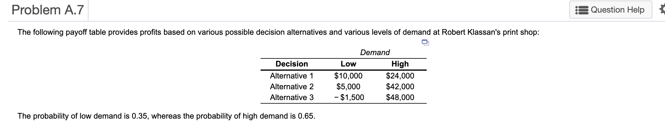 Problem A.7 Question Help The following payoff