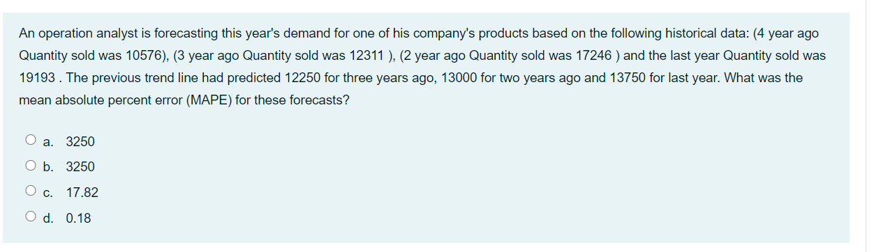 An operation analyst is forecasting this year's