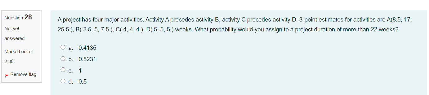 Question 28 A project has four major activities.
