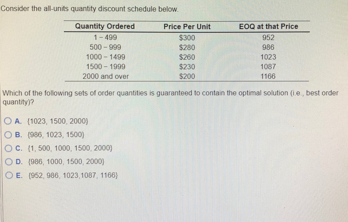 Consider the all-units quantity discount schedule