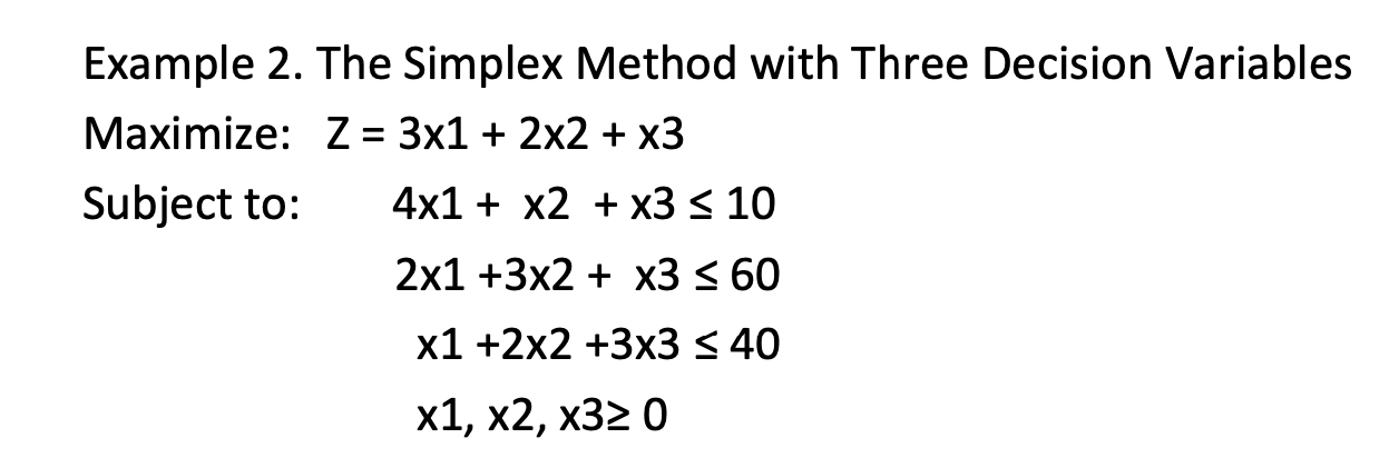 Example 2. The Simplex Method with Three Decision