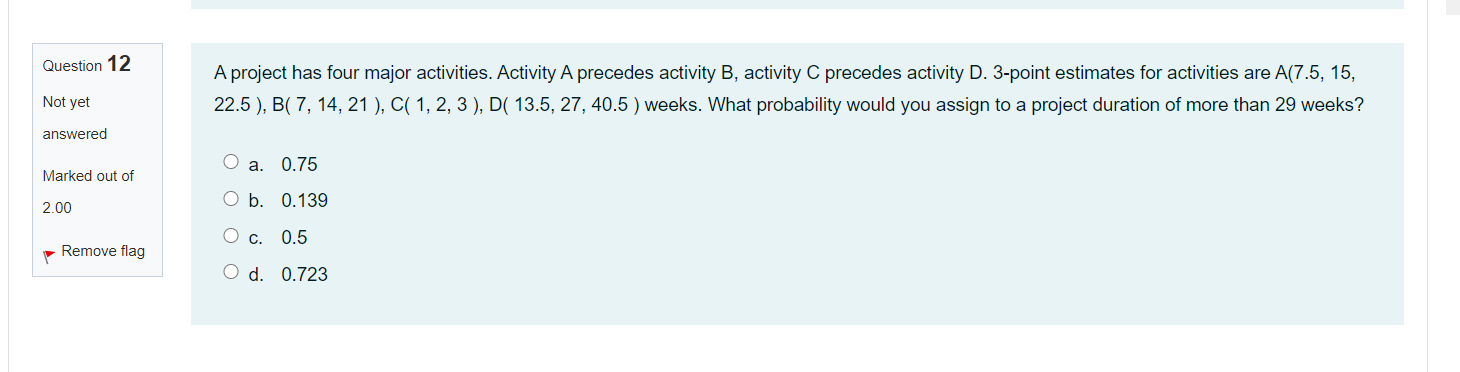 Question 12 A project has four major activities.
