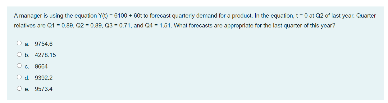 A manager is using the equation Y(t) = 6100 + 60t