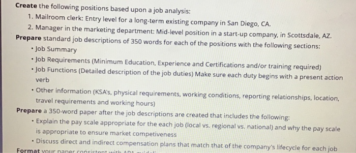 Create the following positions based upon a job