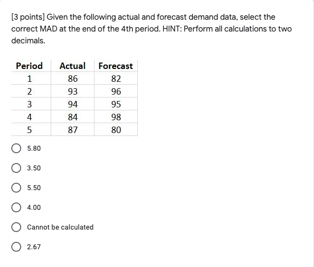[3 points] Given the following actual and
