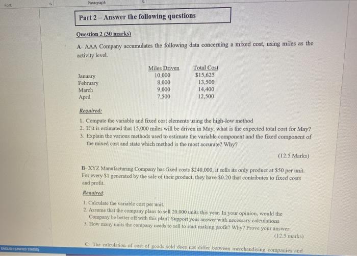 font Paragraph Part 2 - Answer the following