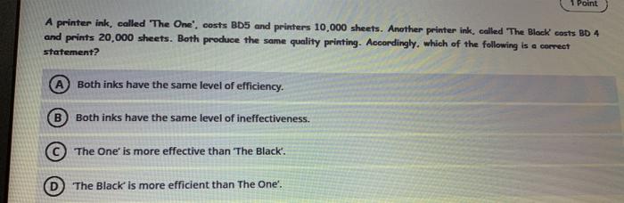 1 Point A printer ink, called The One', costs BD5
