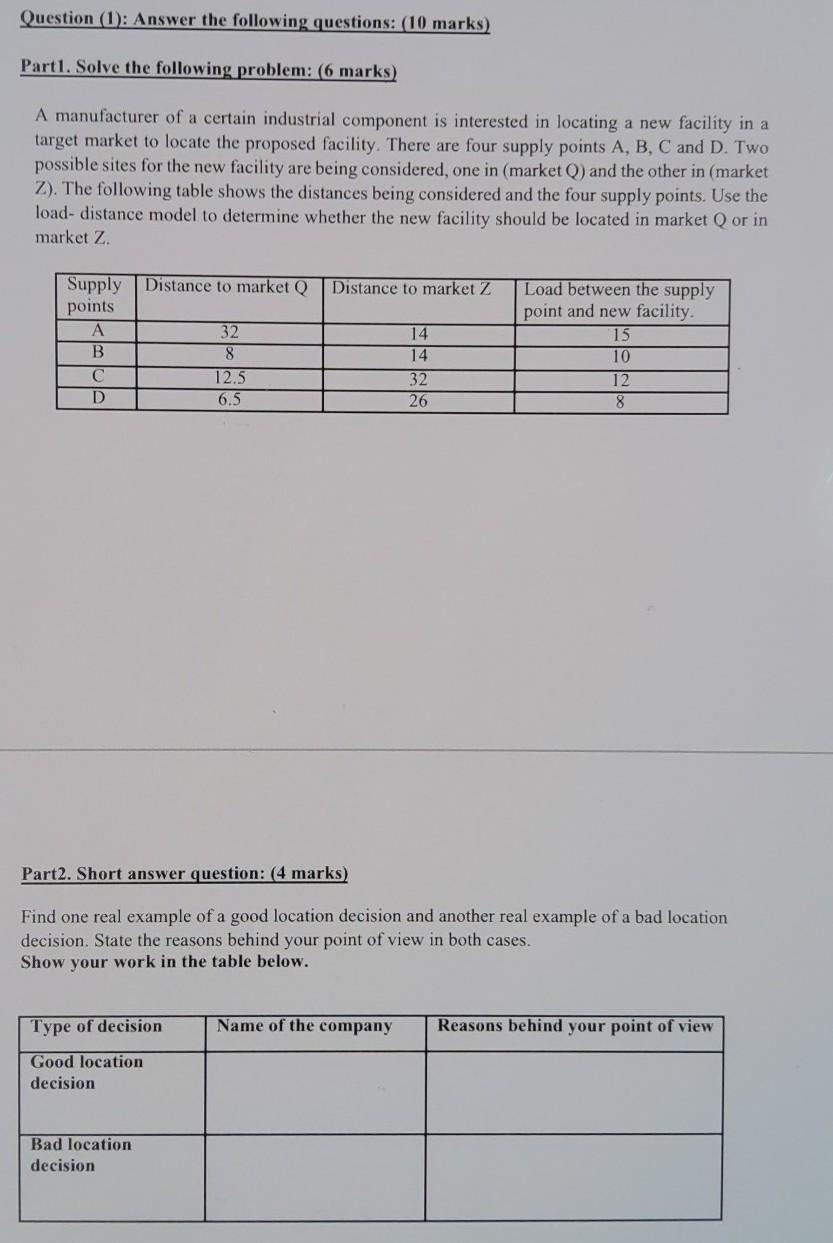 Question (1): Answer the following questions: (10