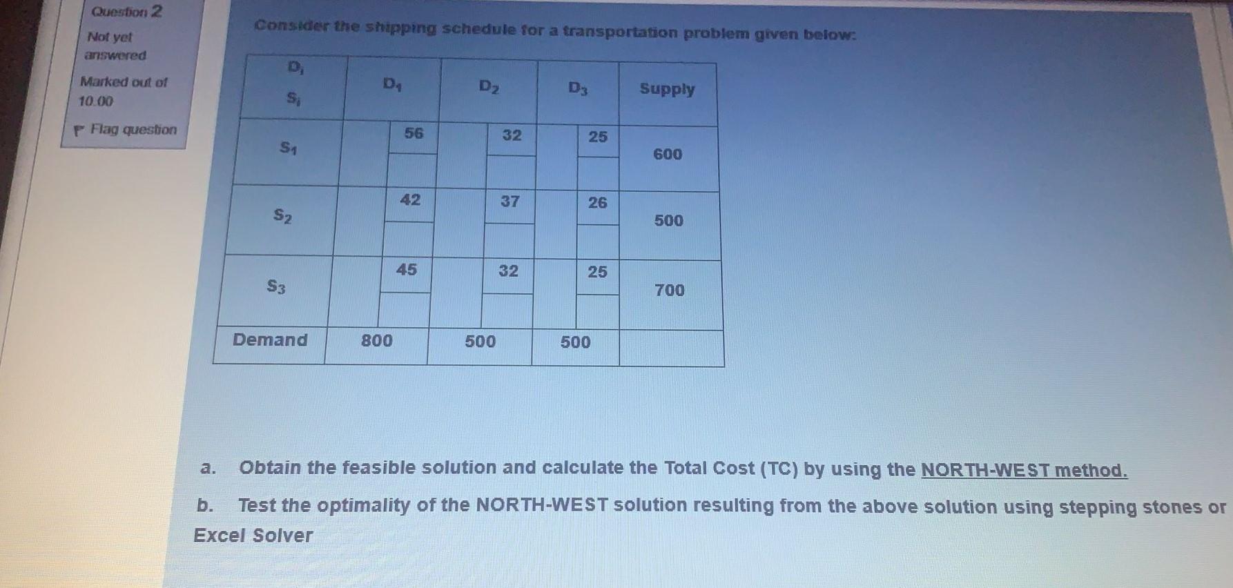 Question 2 Consider the shipping schedule for a