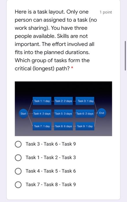 1 point Here is a task layout. Only one person