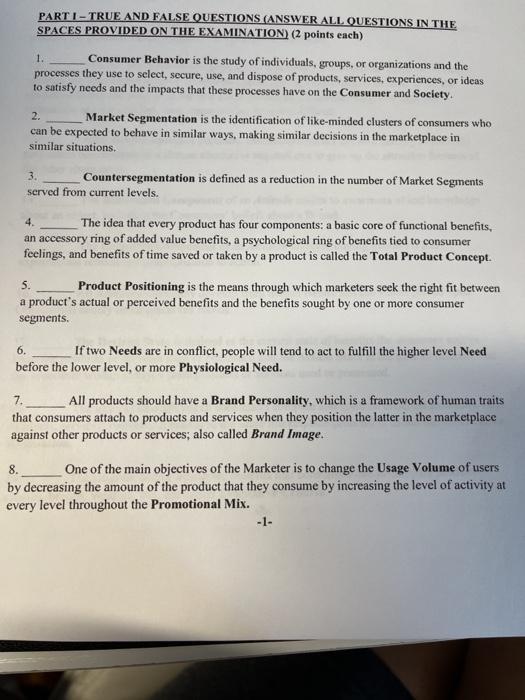 1. PARTI - TRUE AND FALSE QUESTIONS (ANSWER ALL