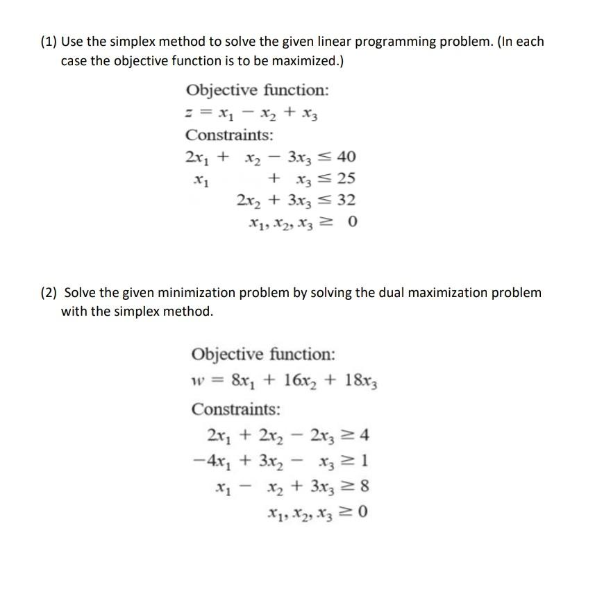 (1) Use the simplex method to solve the given
