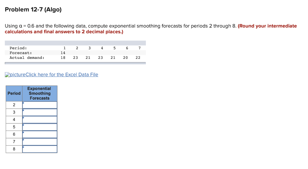 Problem 12-7 (Algo) Using a = 0.6 and the